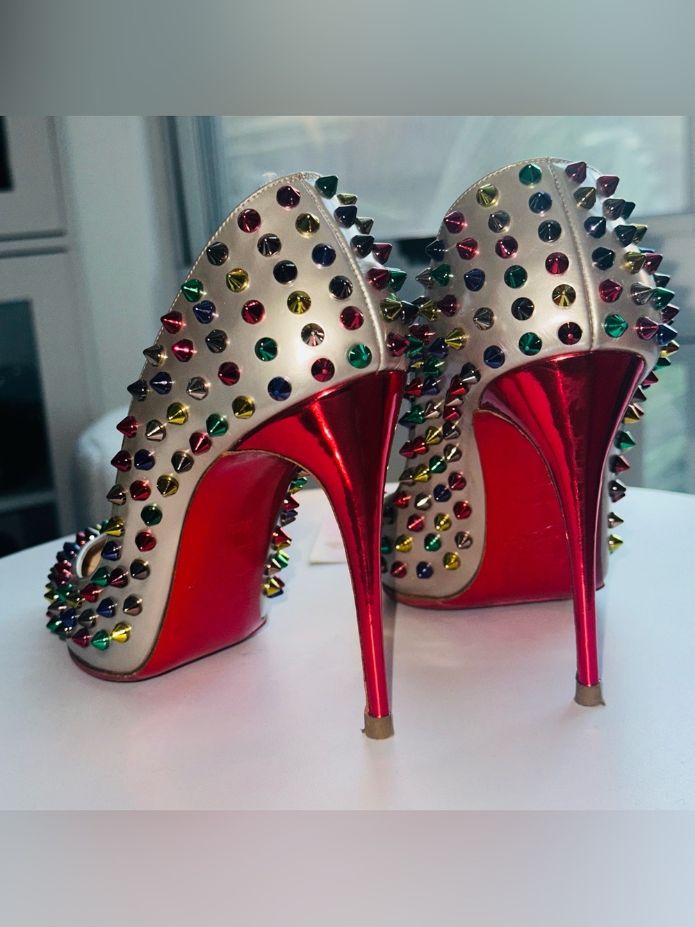 Louboutin: Multicolor Follies Spikes 100 Beige Specchio Studded Heels *RARE* - Picture 8 of 17